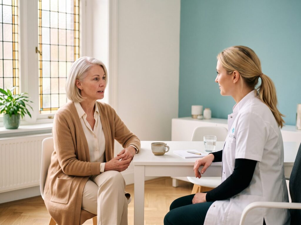 Arts in gesprek met een cliënt over haar gezondheid bij AAYA