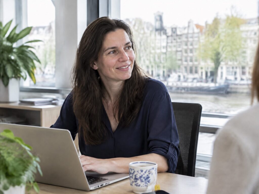 Vrouw werkt ontspannen op haar laptop aan een tafel bij het raam met uitzicht op de gracht